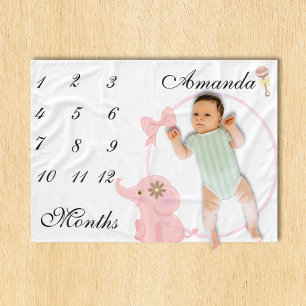 Nieuwe baby peuter mijlpaal roze olifant roze foto fleece deken