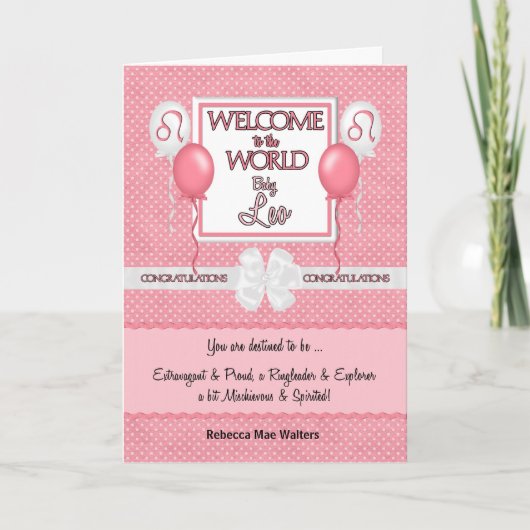 Nieuwe Baby Roze Girl Leo Gefeliciteerd Kaart (Voorkant)