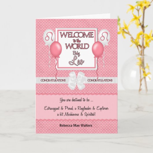 Nieuwe Baby Roze Girl Leo Gefeliciteerd Kaart (Gele Bloem)