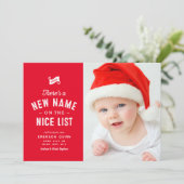 Nieuwe baby schattige twee foto rode kerst feestdagenkaart (Staand voorkant)