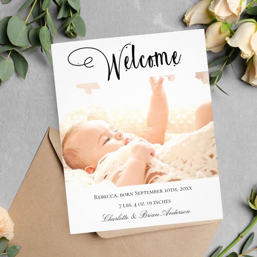 Nieuwe baby welkome foto geboortebudget aankondigi flyer