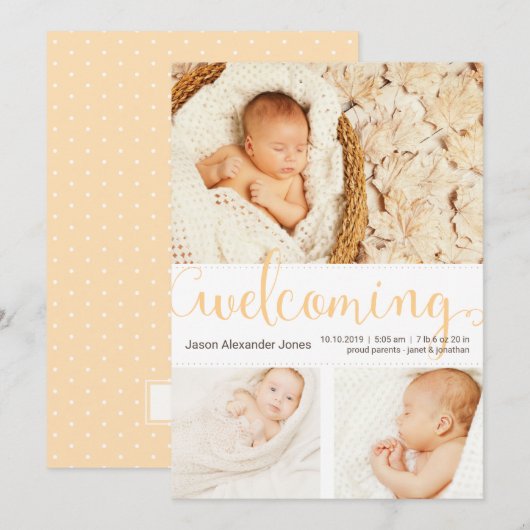 Nieuwe babyaankondiging drie foto's kaart (Voorkant / Achterkant)