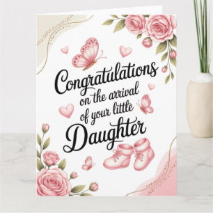 Nieuwe babydochter felicitaties bloemontwerp kaart