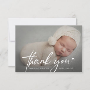 Nieuwe babyfoto kleine dank hart geboorte bedankkaart