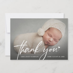 Nieuwe babyfoto Moderne script hart Geboorte Bedankkaart
