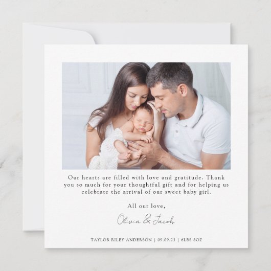 Nieuwe babyfoto van moderne geboorte bedankkaart (Achterkant)