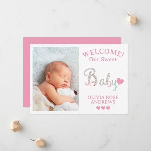 Nieuwe babyfoto welkom met naam aankondiging (Voorkant / Achterkant in situ)