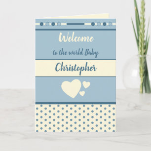 Nieuwe babyjongen blauw en crème met naam welkom kaart