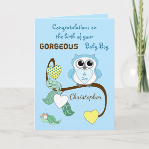 Nieuwe babyjongen blauw met een leuke uil kaart