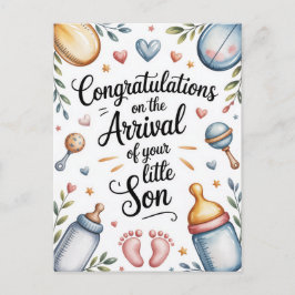 Nieuwe babyjongen gefeliciteerd waterverf briefkaart