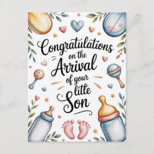 Nieuwe babyjongen gefeliciteerd waterverf briefkaart