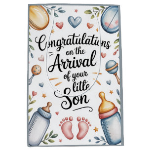 Nieuwe babyjongen gefeliciteerd waterverf  medium cadeauzakje