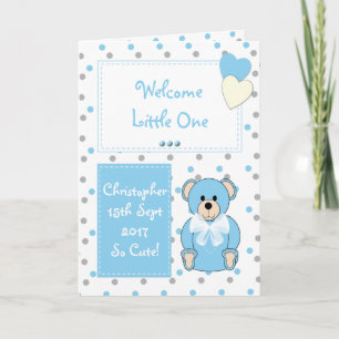 Nieuwe babyjongen teddybeer blauw kaart