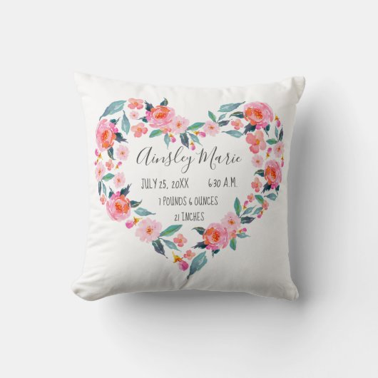 Nieuwe babymeisje Roze Roze Floral Heart Birth Sta Kussen (Voorkant)