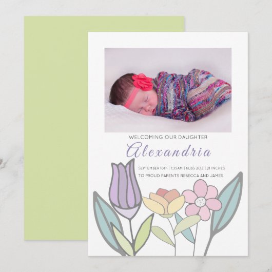 Nieuwe babypastbloemen, aangepast (groen) aankondiging (Voorkant / Achterkant)