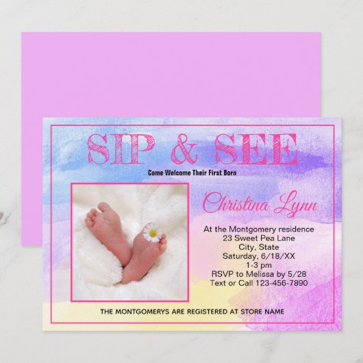 Nieuwe babyroze Waterverf en zie Aangepaste foto Kaart (Voorkant / Achterkant)