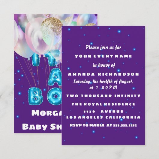 Nieuwe babyschoen Het is een Paarse jongen blauwe  Kaart (Voorkant / Achterkant)