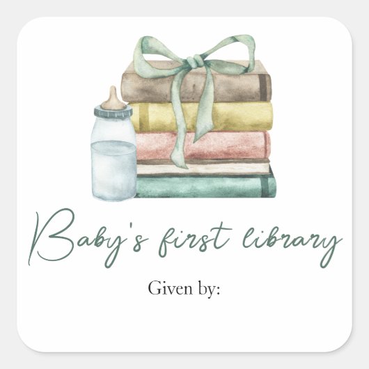 Nieuwe babyshower hoofdstuk - baby's eerste biblio vierkante sticker (Voorkant)