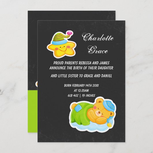 Nieuwe babyster en slapende Teddy Bear Aankondiging (Voorkant / Achterkant)