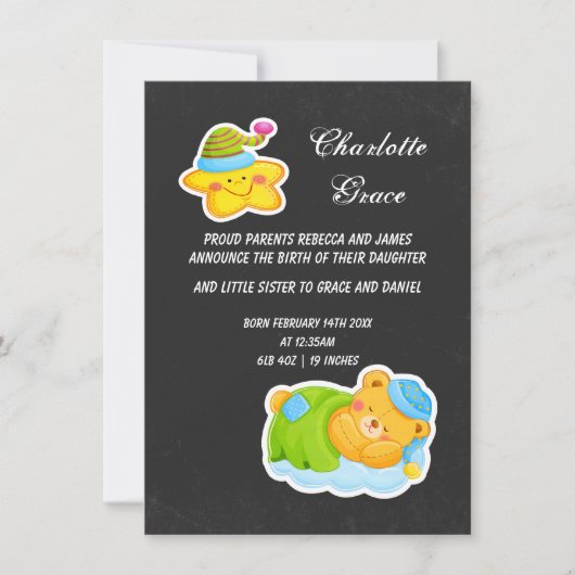 Nieuwe babyster en slapende Teddy Bear Aankondiging (Voorkant)