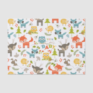 Nieuwe babytypografie met koele houten dieren tissuepapier