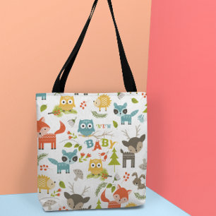 Nieuwe babytypografie met koele houten dieren tote bag