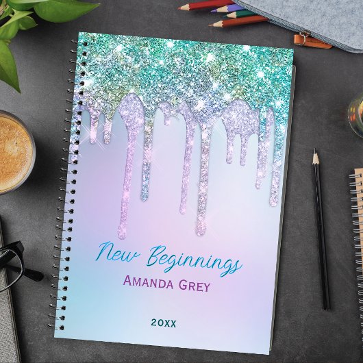 Nieuwe begin Aqua blauwe Drips-monogram groot Notitieboek
