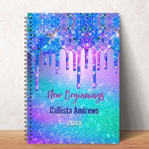 Nieuwe begin blauwe ombre glitterdruppels monogram notitieboek