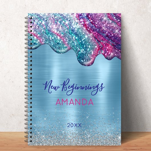 Nieuwe begin blauwe paarse druppels monogram notitieboek
