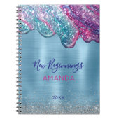 Nieuwe begin blauwe paarse druppels monogram notitieboek (Voorkant)