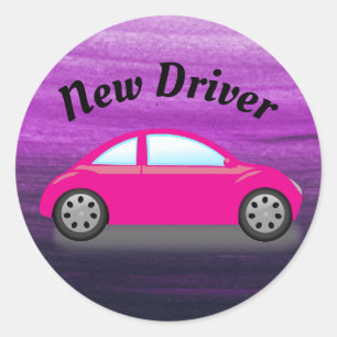 Nieuwe bestuurder Roze auto op paarse waterverf st Ronde Sticker
