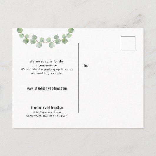 Nieuwe bruiloft plannen Nieuwe datum Eucalyptus op Aankondigingskaart (Achterkant)