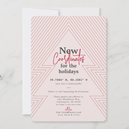 Nieuwe coördinaten Blush Holiday Moving Announance Feestdagenkaart (Voorkant)