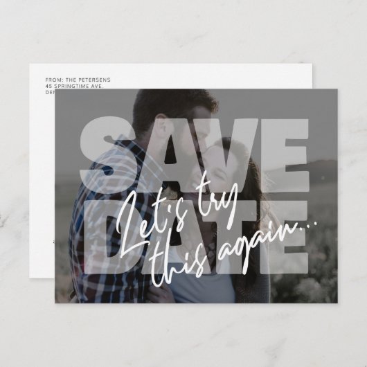 Nieuwe datum bruiloft probeer deze opnieuw opslaan aankondigingskaart (Voorkant / Achterkant)