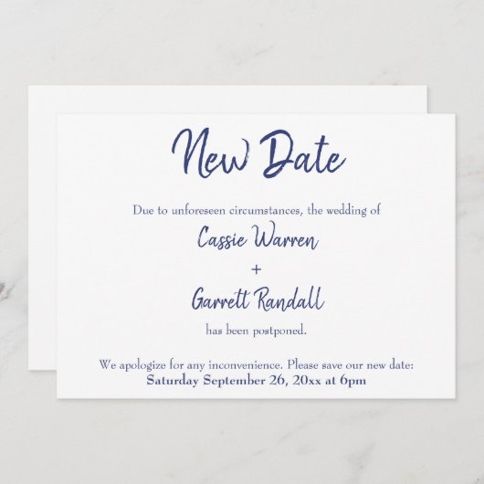 Nieuwe datum Navy White uitgesteld huwelijksaankon Kaart (Voorkant / Achterkant)