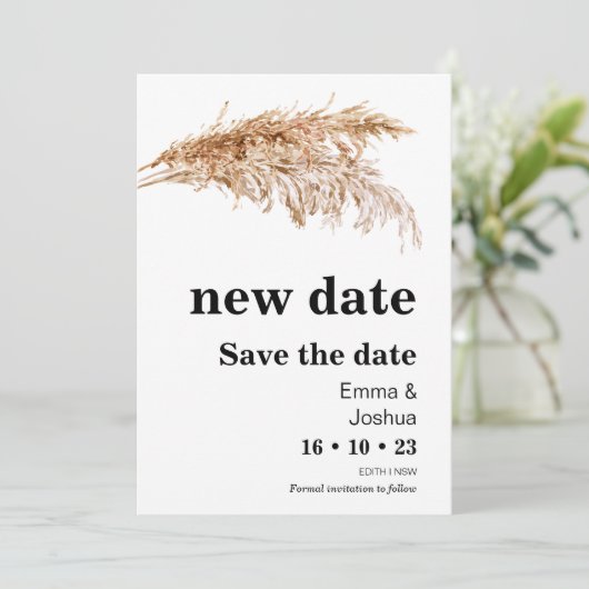 Nieuwe Datum Pampas Grass Wedding Save The Date Ka Kaart (Staand voorkant)