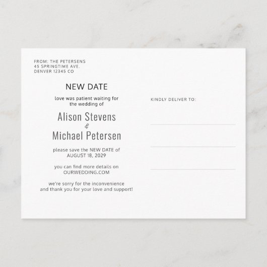 Nieuwe datum trouwfoto modern save the date announ aankondigingskaart (Achterkant)