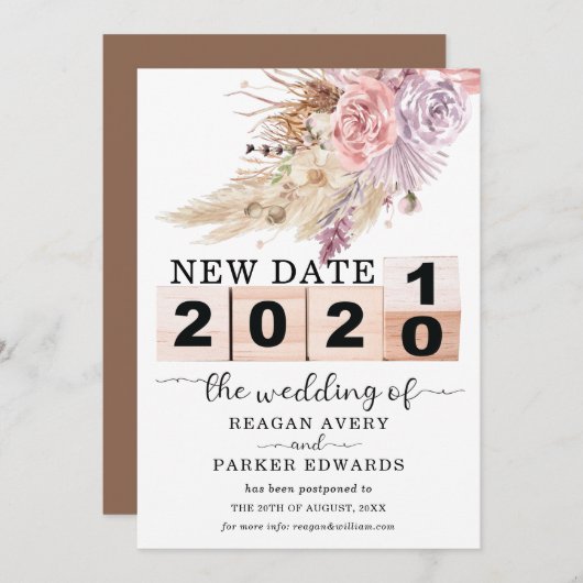 Nieuwe datum uitgesteld gedroogd Pampasgras bruilo Aankondiging (Voorkant / Achterkant)