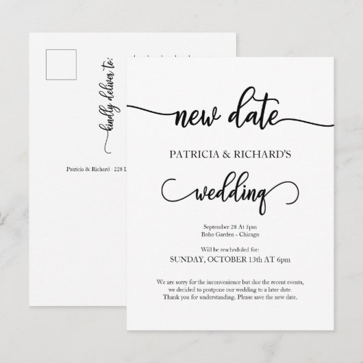 Nieuwe datum uitgestelde aankondiging huwelijk briefkaart (Voorkant / Achterkant)