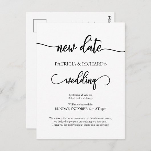 Nieuwe datum uitgestelde aankondiging huwelijk briefkaart (Voorkant / Achterkant)