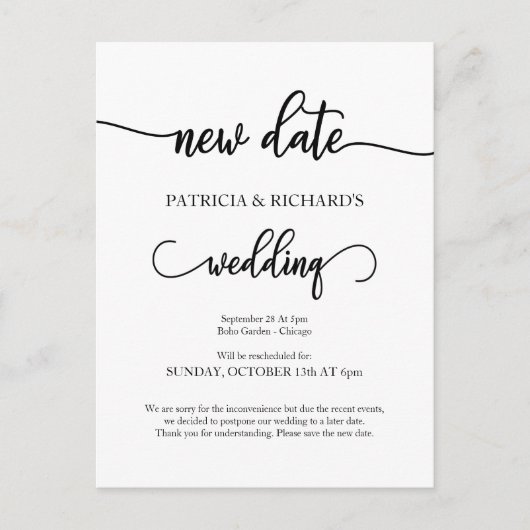 Nieuwe datum uitgestelde aankondiging huwelijk briefkaart (Voorkant)