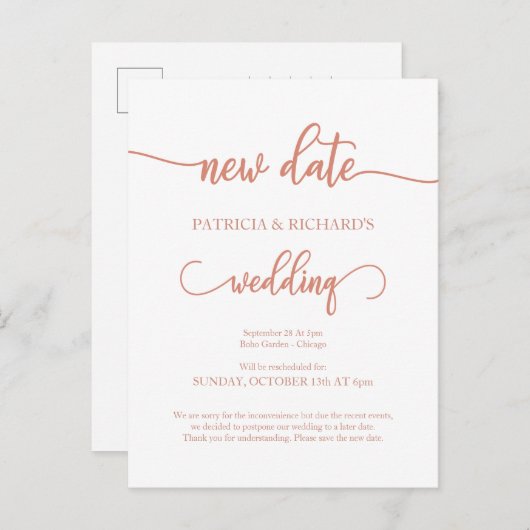 Nieuwe datum Uitgestelde aankondiging Roos Gold Briefkaart (Voorkant / Achterkant)