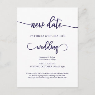 Nieuwe datum uitgestelde bruiloft Navy Blue Script Briefkaart