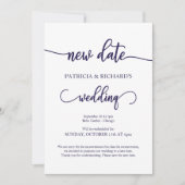Nieuwe datum uitgestelde bruiloft Navy Blue Script Kaart (Voorkant)