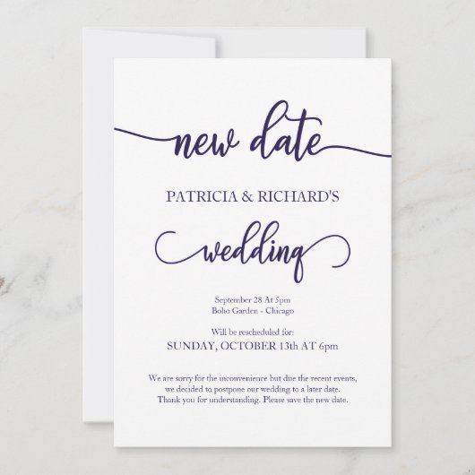 Nieuwe datum uitgestelde bruiloft Navy Blue Script Kaart (Voorkant)