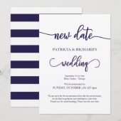 Nieuwe datum uitgestelde bruiloft Navy Blue Script Kaart (Voorkant / Achterkant)