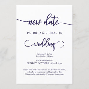 Nieuwe datum uitgestelde bruiloft Navy Blue Script Kaart