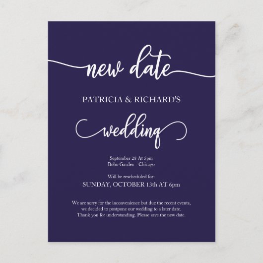 Nieuwe Datum Uitgestelde Trouwaankondiging Navy Bl Briefkaart (Voorkant)