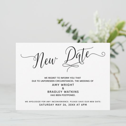 Nieuwe datum uitgestelde trouwdatum bekendgemaakt kaart (Staand voorkant)