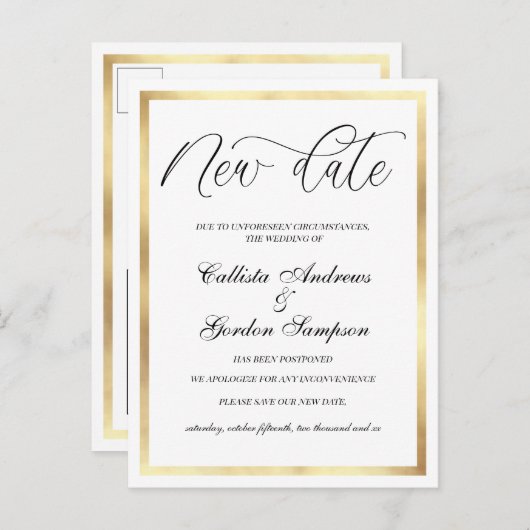 Nieuwe datum Witte Gouden Grens Uitgesteld Trouwen Aankondigingskaart (Voorkant / Achterkant)
